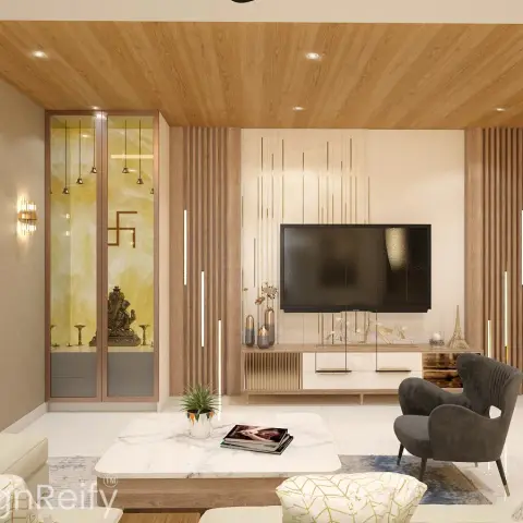 Living-room render with a backlit onyx pooja cabinet carrying a brass swastik in the corner, a TV panel screened by hanging brass rods