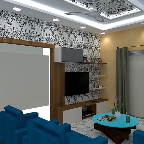 Living room render with a black-and-white damask wallpaper feature wall, a patterned gypsum ceiling tray around the fan, a wood-and-white TV console
