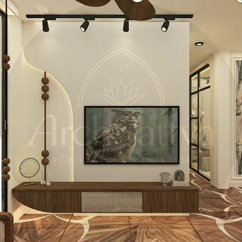 Living room render with a curved cane-front TV console set into an arched niche wall and inlaid wood-pattern floor tiling