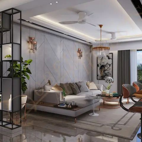 Living room render with a diagonal-lined grey panel wall, rose-gold crystal wall sconces and chandelier, a grey sectional sofa