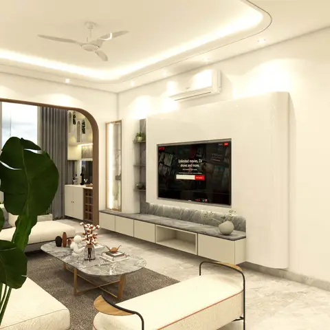 Living room render with a glossy white TV wall over a marble low console, an arched doorway to a wine bar nook, and a monstera plant in the foreground.