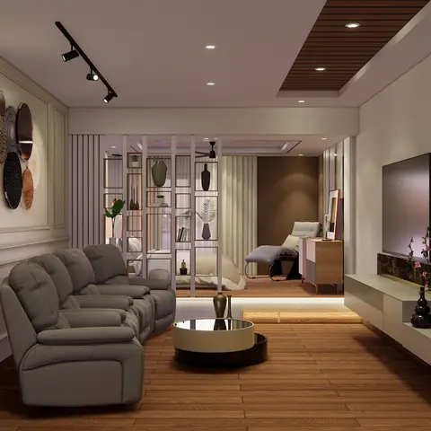Living room render with a grey sofa, wall-panelled niche styled with a gallery of decorative plates