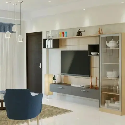 Living-room render with a light-oak TV back panel, grey wall-hung drawer console and open cubbies, a glass-fronted crockery tower beside it