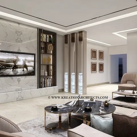 Living room render with a marble-clad TV feature wall flanked by dark-wood display shelving, a cove-lit ceiling