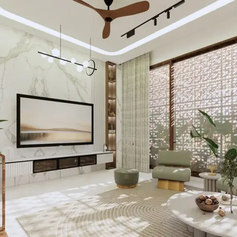 Living room render with a marble-clad TV feature wall and floating console, sage-green curved sofas around a round stone coffee table on a jute rug