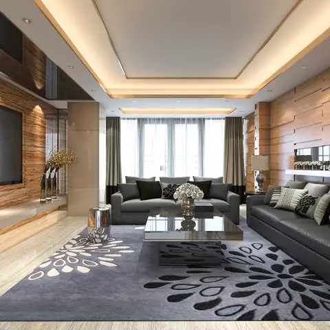 Living room render with a marble slab TV wall, wood-panelled feature wall, two charcoal sofas, and a floral-patterned grey rug around a mirrored coffee table.