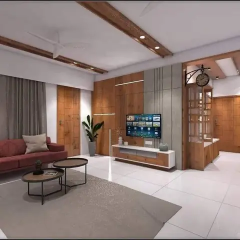 Living room render with a maroon three-seater facing a veneer TV wall split by a grey texture band and slim LED profiles