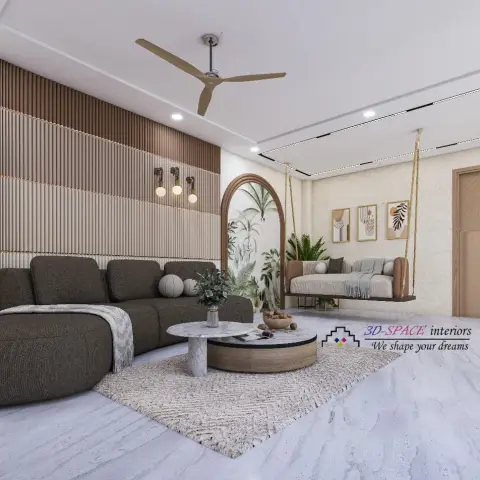 Living room render with a rope-hung jhula floating beside an arched planted niche, a dark-olive curved sectional on a fringed rug