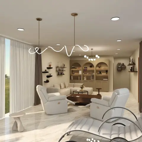 Living room render with a sculptural squiggle pendant light over a mix of white recliner armchairs and a sectional sofa