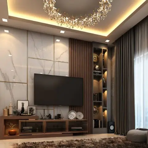 Living-room render with a statuario marble TV panel gridded in rose-gold inlay, a fluted walnut band beside it, a backlit display column of curios