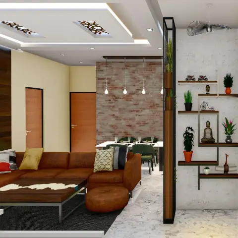 Living room render with a tan leather L-sofa and round pouffe on a black rug, a cowhide-topped walnut coffee table