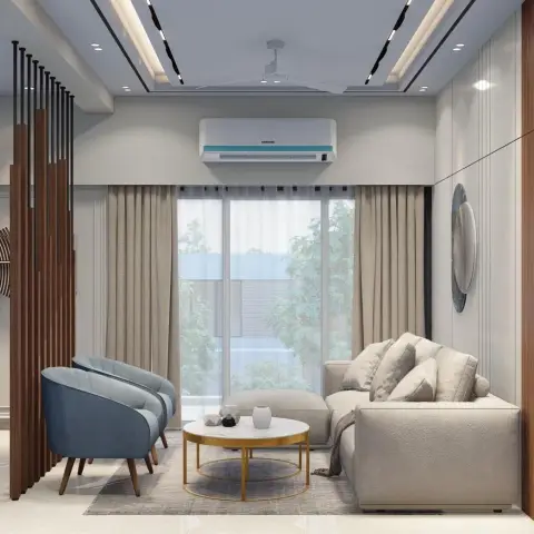 Living room render with a vertical wood-fin screen closing off the entry, two blue barrel armchairs facing a beige L-sofa