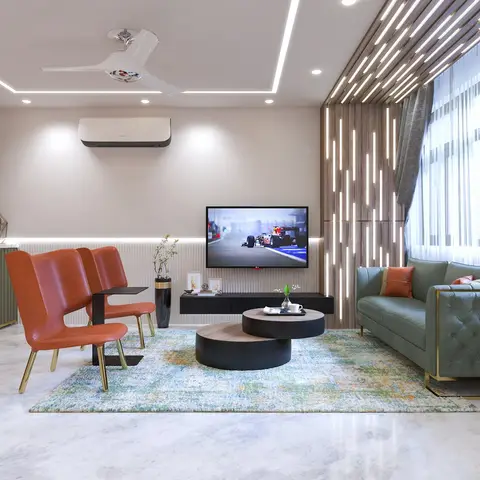 Living room render with an emerald tufted sofa, rust leather accent chairs, a backlit wood slat feature wall, and a built-in bar shelf with bottle display.