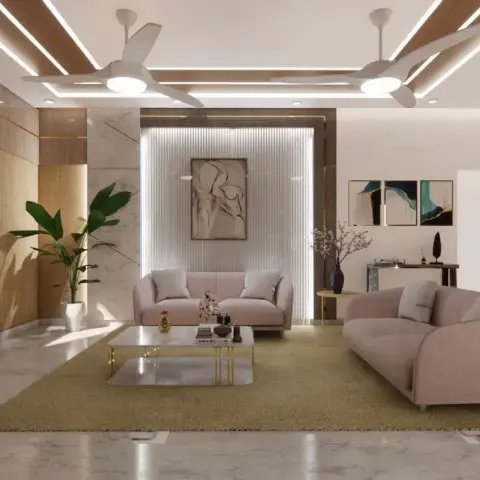 Living-room render with two blush curved sofas facing each other across an olive rug and stepped marble coffee tables