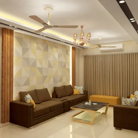 Living room render with two brown fabric sofas along a triangle-patterned wallpaper wall lit by a concealed cove