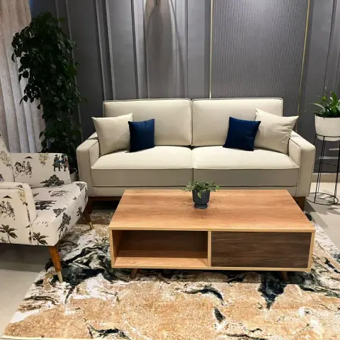 Living room seating area with a cream three-seater sofa styled with navy cushions, a Rajasthani-motif print armchair, a wood coffee table with open storage