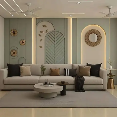 Living room sofa wall with sage arched panel mouldings, a brass sunburst mirror, and backlit niche lighting.