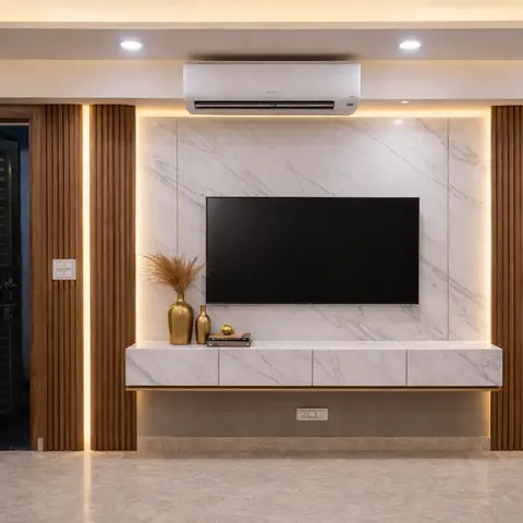 Living room TV feature wall clad in book-matched grey-veined marble, flanked by fluted wood pillars with brass edge lighting