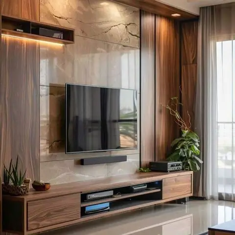 Living room TV feature wall combining book-matched marble panels and wood trims with a cove-lit ceiling, a floating walnut-veneer TV console with soundbar