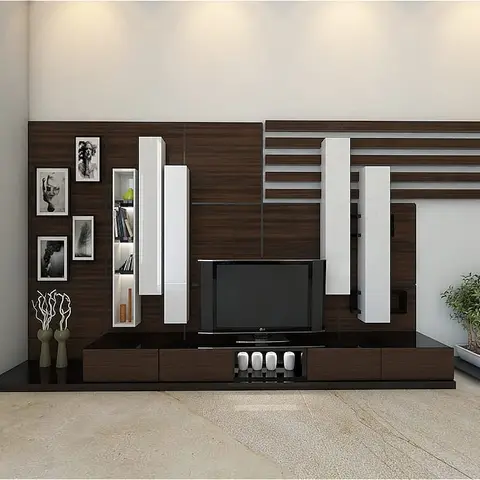 Living room TV feature wall combining dark walnut panelling with white gloss vertical fins and a fluted wood-strip pattern