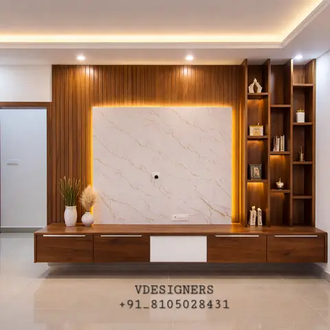 Living room TV feature wall with vertical wood-slat panelling framing a backlit gold-veined marble slab above a floating walnut console with open display