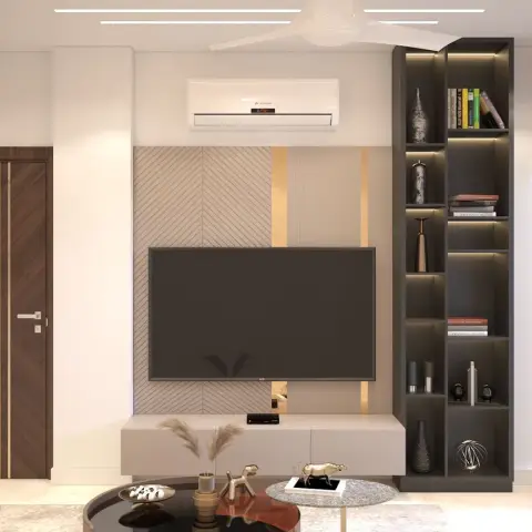 Living room TV feature wall with a diagonal-ribbed textured panel and gold inlay strips
