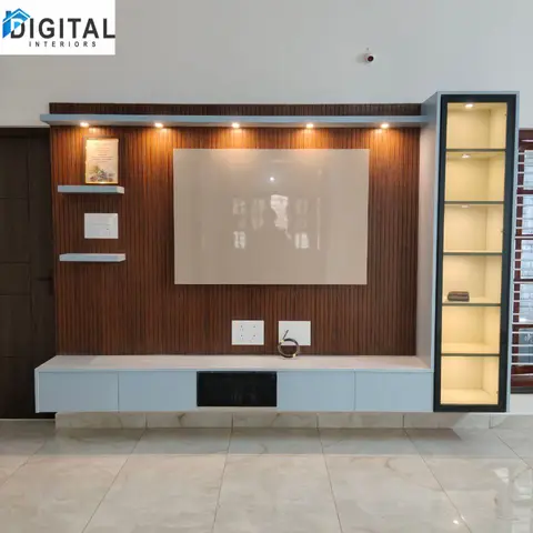 Living room TV feature wall with vertical wood fluting, a floating console, and a backlit glass display shelf unit.