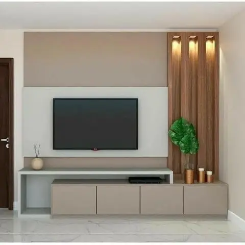 Living room TV feature wall with a color-blocked taupe and white panel, a backlit wood-slat accent strip with spotlights