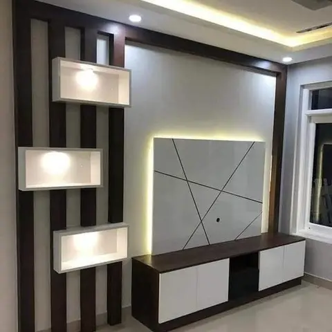 Living room TV feature wall with dark wood fluted panelling, three backlit floating display cubes and a geometric-line backlit TV panel above a two-tone