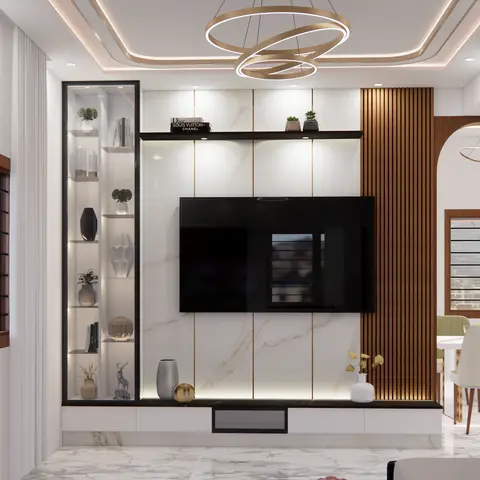 Living room TV feature wall with book-matched marble cladding, thin brass inlay strips, a fluted wood accent panel
