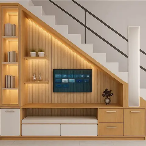 Living room TV unit built under a staircase, in warm wood-tone panelling with open display shelving and a floor mirror.