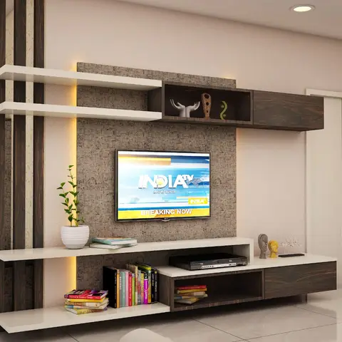 Living room TV unit wall with asymmetric floating shelves, a textured stone-look feature panel behind the television, and an open book display below