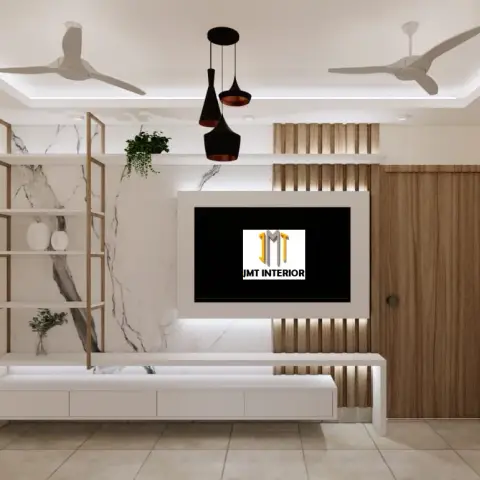 Living room TV unit wall with a floating marble-clad panel, a vertical fluted wood accent strip, and a cluster of black pendant lights.