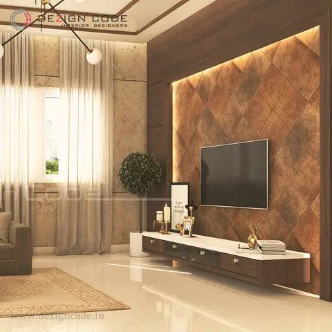 Living room TV wall clad in backlit diamond-set stone tiles above a floating walnut-and-white console styled with a topiary plant.