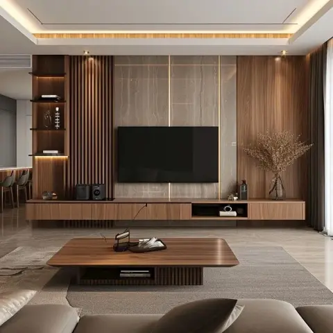 Living room TV wall combining vertical wood fluting with a book-matched stone panel, a floating walnut TV console, and a cove-lit false ceiling