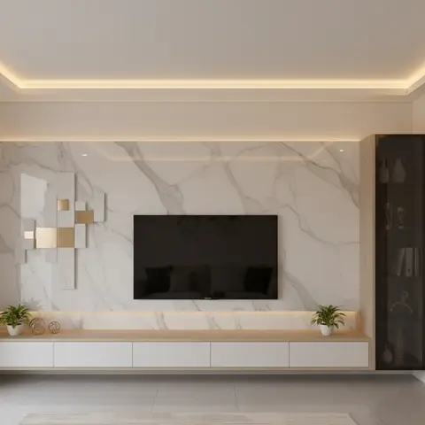 Living room TV wall fully clad in veined white marble with a floating wood-topped white console and a gold-accented geometric wall sculpture.