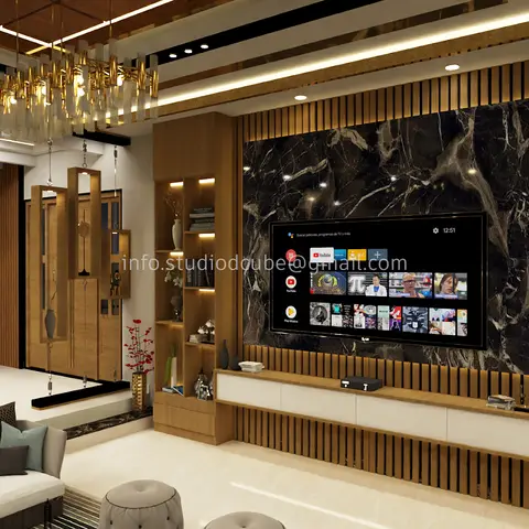 Living room TV wall in black-and-white veined marble flanked by fluted wood panelling, with a floating white-and-wood TV console