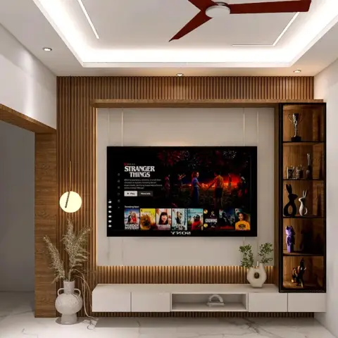 Living-room TV wall render: a wall-hung Sony screen on a recessed white backing set into a teak slat panel, a floating white console below