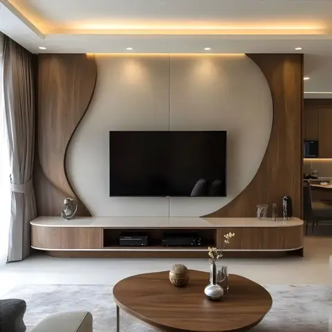 Living-room TV wall where a walnut veneer skin is cut in a tall S-curve around a pale plaster centre panel