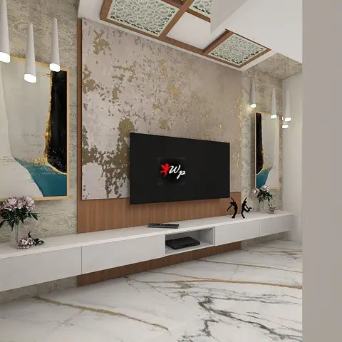 Living room TV wall with a gold-leaf textured stone panel, jaali-cut ceiling coffers overhead and teardrop pendant lights flanking framed art