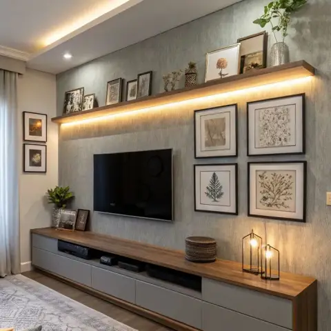 Living room TV wall with a floating walnut-and-grey console, a backlit display shelf styled with framed art and plants, a botanical gallery wall
