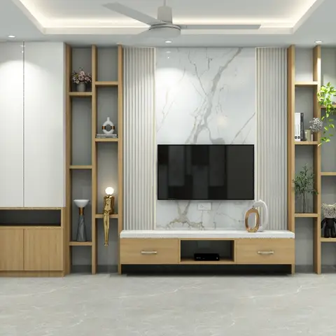 Living room TV wall with a book-matched marble panel flanked by fluted trims, open wood display shelving styled with plants and objects