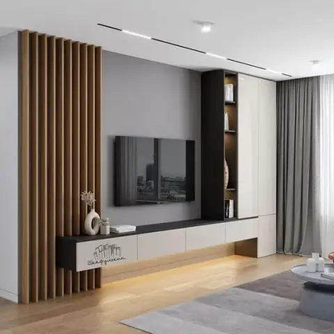 Living room TV wall with a fluted wood-slat side panel, a black-and-white floating TV console with an open display shelf column