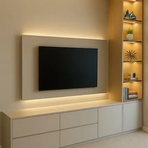 Living room TV wall with a floating backlit panel, a low grey credenza, and an oak display column lit with shelf profiles.