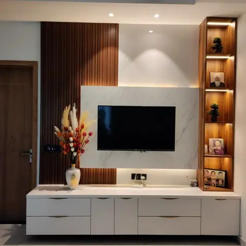 Living room TV wall with a marble-clad panel flanked by fluted wood panelling and a backlit display niche holding framed photos and plants