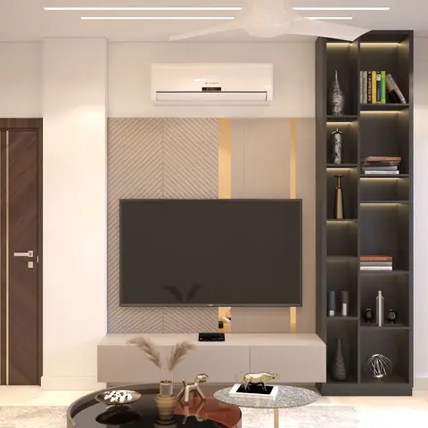 Living room TV wall with a fluted, gold-inlaid panel behind a wall-mounted television, flanked by a dark backlit display shelf styled with books and decor.