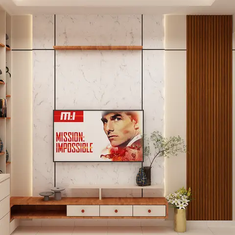 Living room TV wall with grid-lined marble cladding, a fluted wood accent panel, a floating two-tone console with round pulls