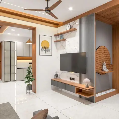 Living room TV wall with marble-look cladding and fluted grey panelling, a floating wood console