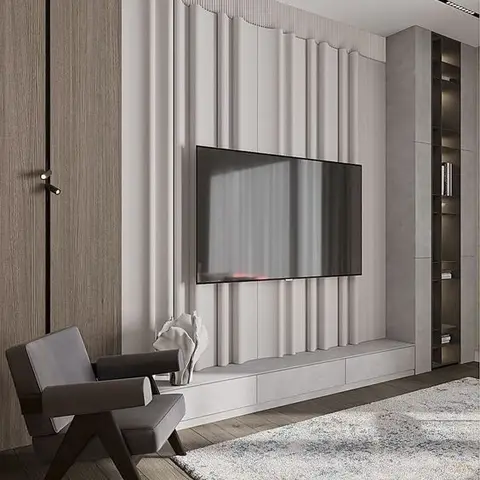 Living room TV wall with sculptural wave-textured wall panelling, a floating stone console, and a backlit display shelving column.