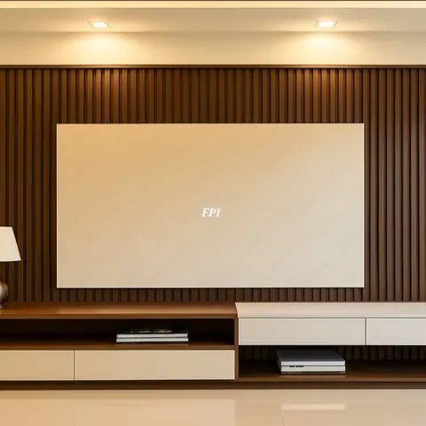 Living room TV wall with vertical fluted wood panelling framing a marble-clad TV backdrop, above a two-tone walnut-and-cream low console.
